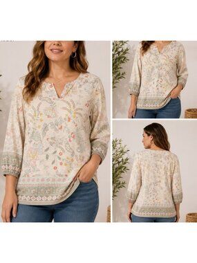 Christopher & Banks Floral Paisley Boho Top Petite L Cottagecore Chic Blouse